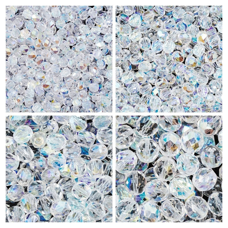 Set of Round Fire Polished Beads (3mm, 4mm, 6mm, 8mm), Crystal AB, Czech Glass