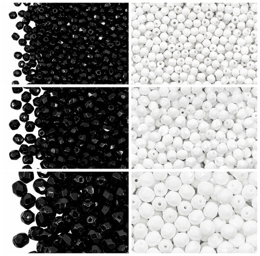 Set of Round Fire Polished Beads (3mm, 4mm, 6mm), 2 colors: Jet Black and Chalk White, Czech Glass