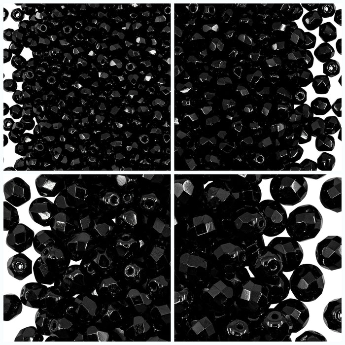 Set of Round Fire Polished Beads (3mm, 4mm, 6mm, 8mm), Jet Black, Czech Glass
