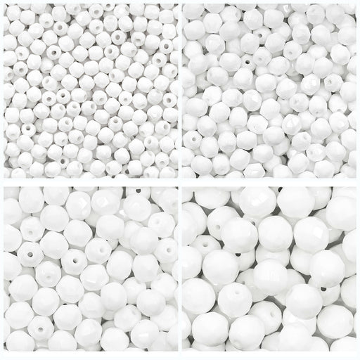 Set of Round Fire Polished Beads (3mm, 4mm, 6mm, 8mm), Chalk White, Czech Glass
