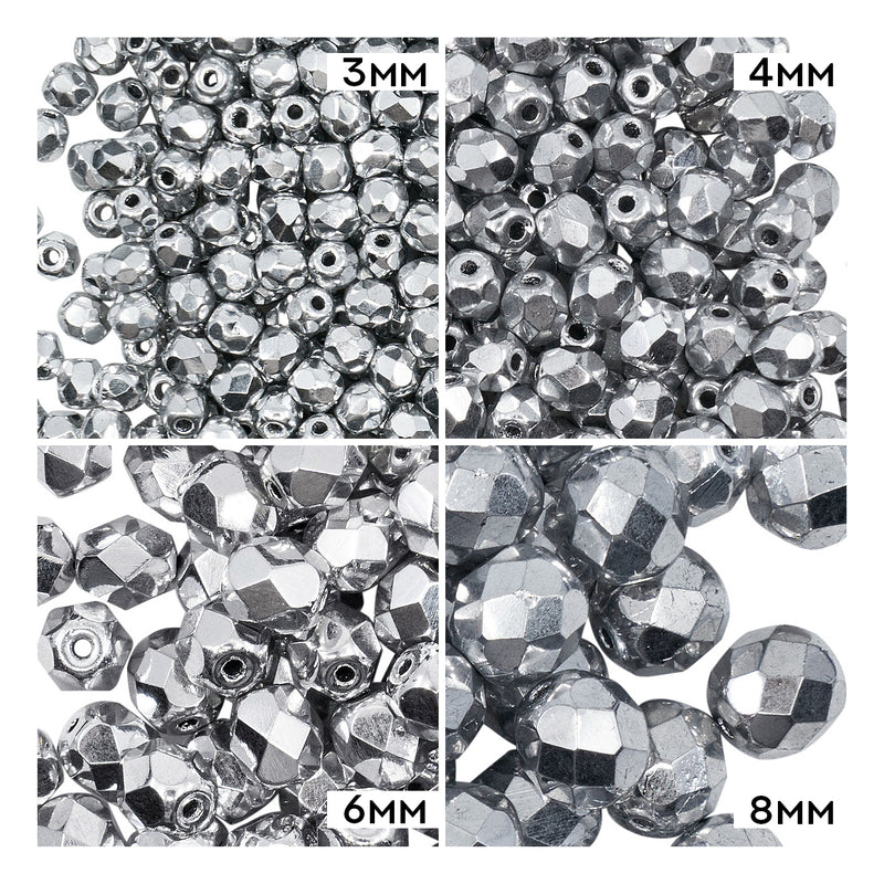 Set of Round Fire Polished Beads (3mm, 4mm, 6mm, 8mm), Crystal Full Labrador (Silver Metallic), Czech Glass