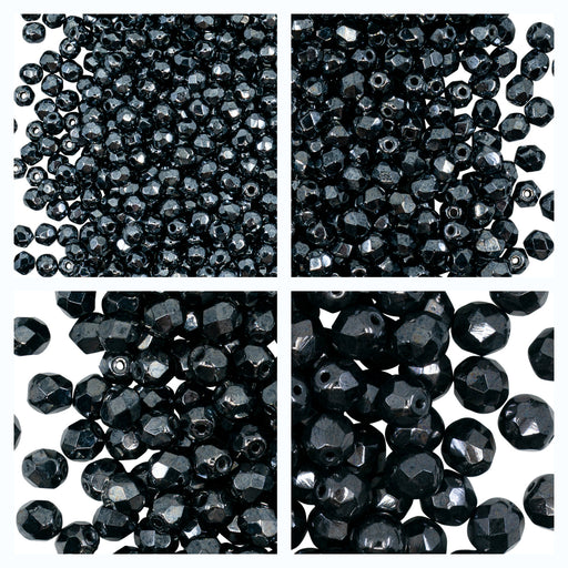 Set of Round Fire Polished Beads (3mm, 4mm, 6mm, 8mm), Jet Hematite, Czech Glass