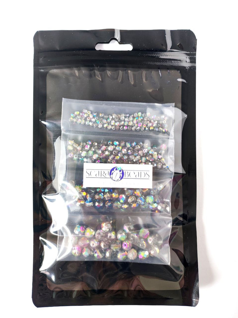 Set of Round Fire Polished Beads (3mm, 4mm, 6mm, 8mm), Crystal Vitrail, Czech Glass