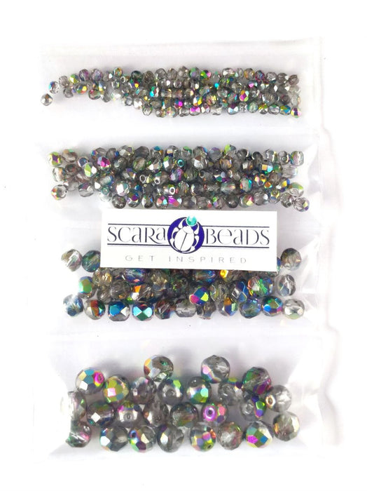 Set of Round Fire Polished Beads (3mm, 4mm, 6mm, 8mm), Crystal Vitrail, Czech Glass