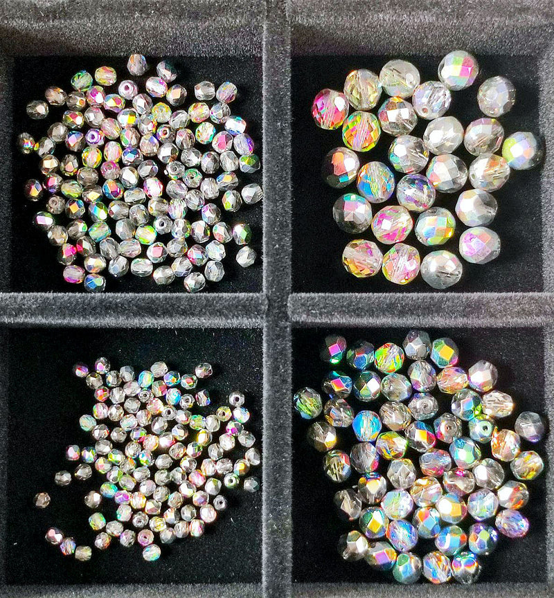 Set of Round Fire Polished Beads (3mm, 4mm, 6mm, 8mm), Crystal Vitrail, Czech Glass