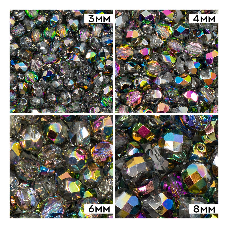 Set of Round Fire Polished Beads (3mm, 4mm, 6mm, 8mm), Crystal Vitrail, Czech Glass