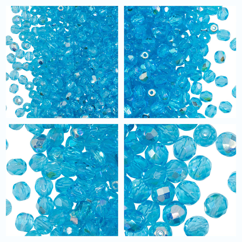 Set of Round Fire Polished Beads (3mm, 4mm, 6mm, 8mm), Aquamarine AB, Czech Glass