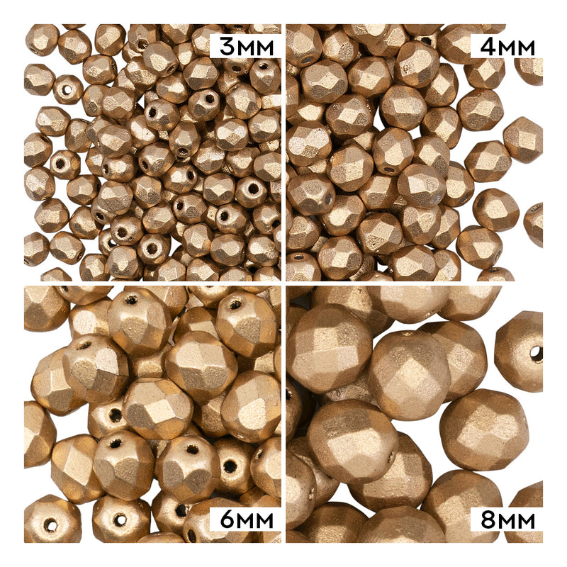 Set of Round Fire Polished Beads (3mm, 4mm, 6mm, 8mm), Aztec Gold (Crystal Bronze Pale Gold), Czech Glass