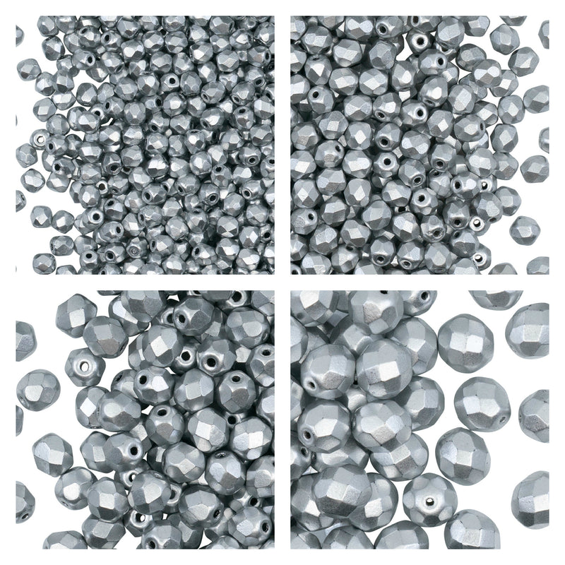 Set of Round Fire Polished Beads (3mm, 4mm, 6mm, 8mm), Silver Matte, Czech Glass