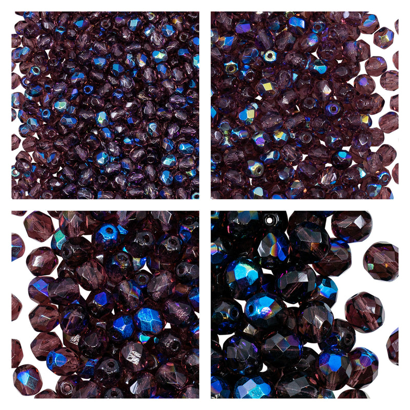 Set of Round Fire Polished Beads (3mm, 4mm, 6mm, 8mm), Amethyst AB, Czech Glass