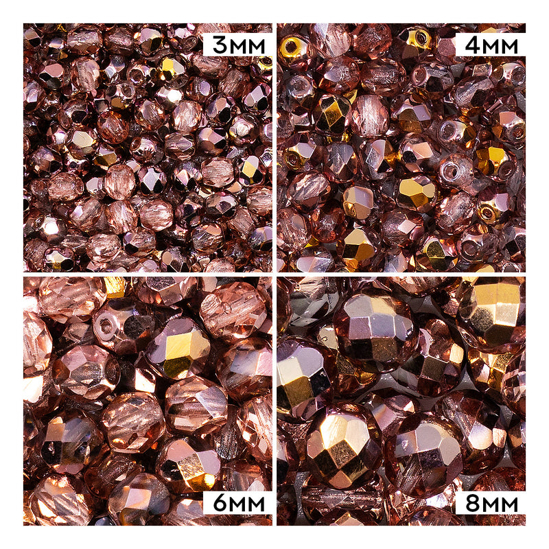 Set of Round Fire Polished Beads (3mm, 4mm, 6mm, 8mm), Crystal Capri Gold, Czech Glass