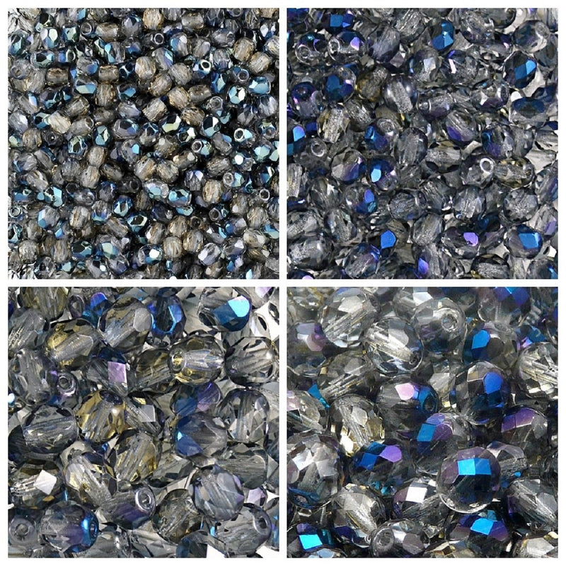 Set of Round Fire Polished Beads (3mm, 4mm, 6mm, 8mm), Crystal Blue Luster Azuro, Czech Glass