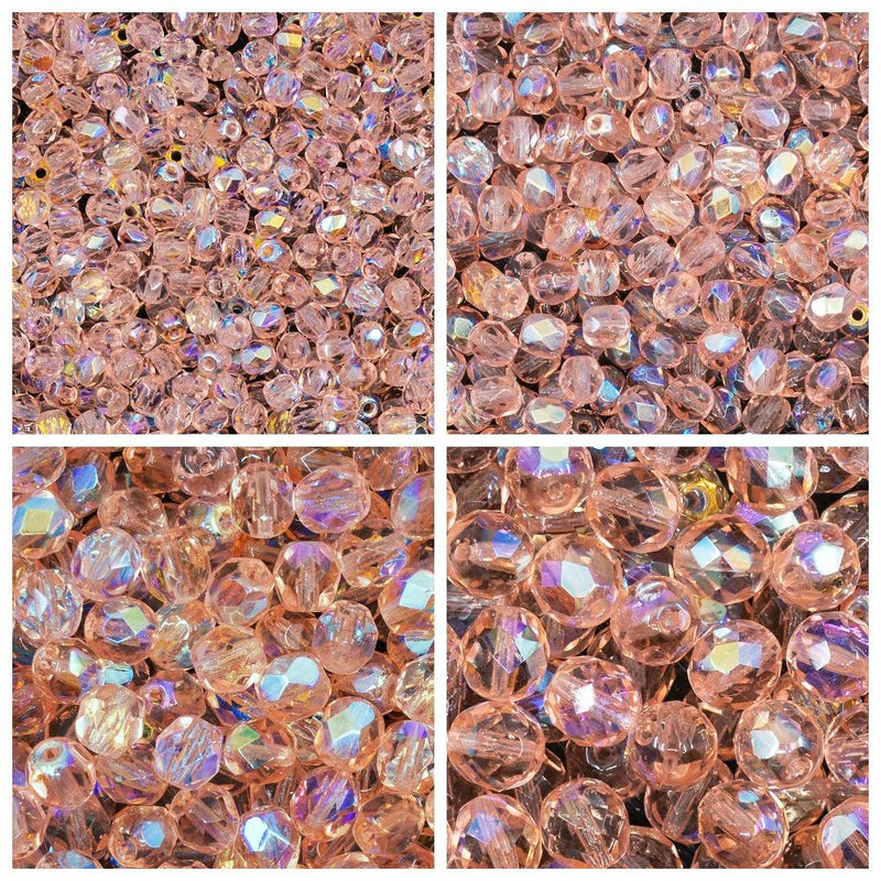 Set of Round Fire Polished Beads (3mm, 4mm, 6mm, 8mm), Rosaline AB, Czech Glass