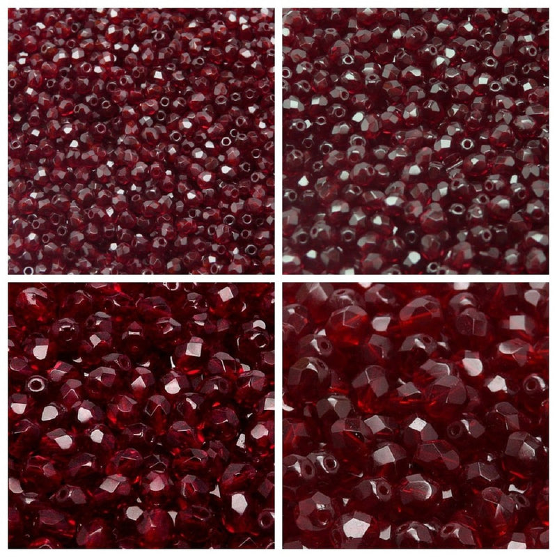 Set of Round Fire Polished Beads (3mm, 4mm, 6mm, 8mm), Dark Ruby, Czech Glass