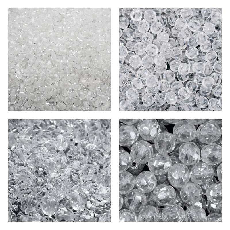Set of Round Fire Polished Beads (3mm, 4mm, 6mm, 8mm), Crystal Clear, Czech Glass
