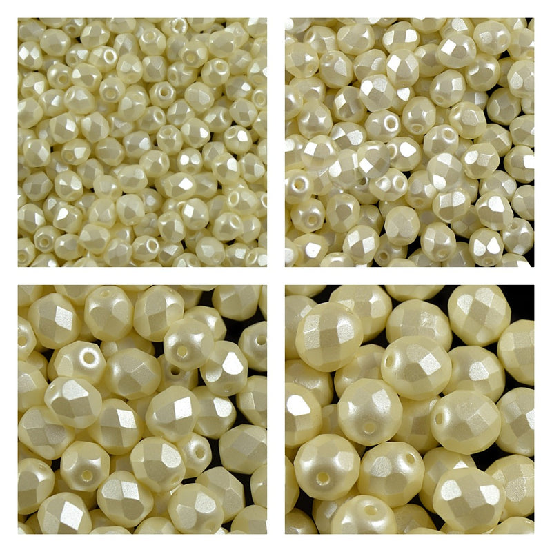 Set of Round Fire Polished Beads (3mm, 4mm, 6mm, 8mm), Pastel Light Cream, Czech Glass