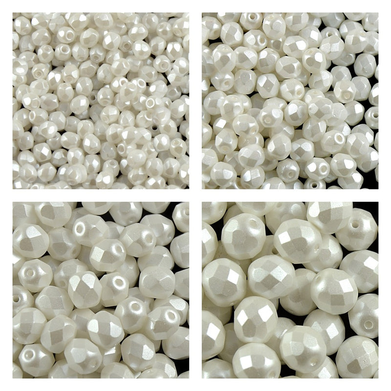 Set of Round Fire Polished Beads (3mm, 4mm, 6mm, 8mm), Pastel White, Czech Glass