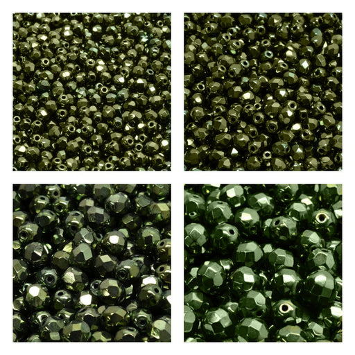 Set of Round Fire Polished Beads (3mm, 4mm, 6mm, 8mm), Jet Green Luster, Czech Glass