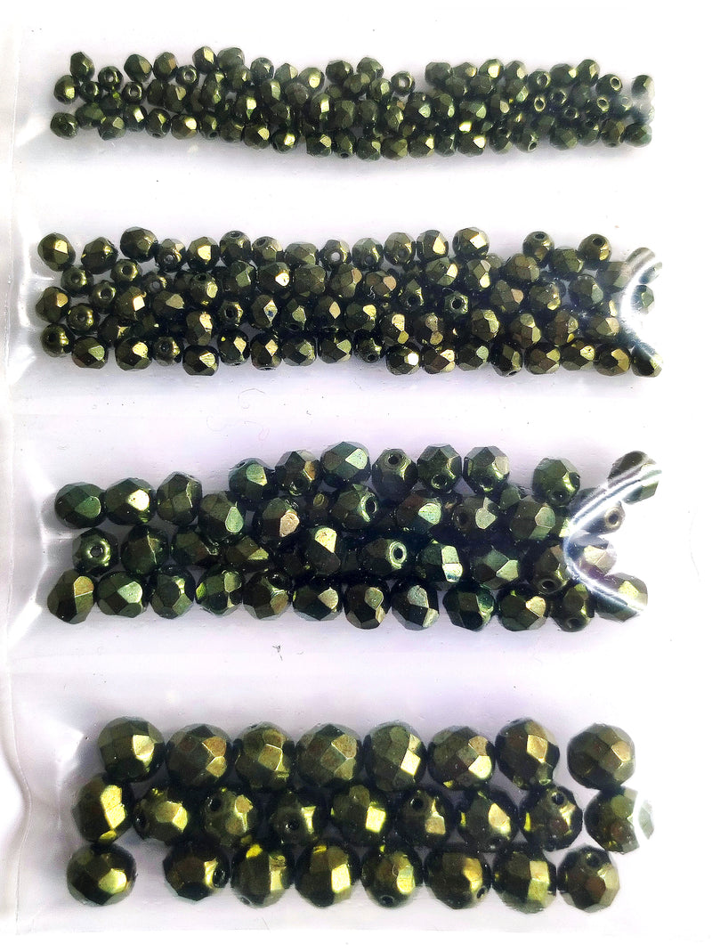 Set of Round Fire Polished Beads (3mm, 4mm, 6mm, 8mm), Jet Green Luster, Czech Glass
