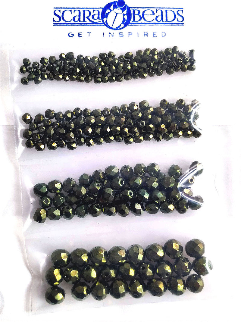 Set of Round Fire Polished Beads (3mm, 4mm, 6mm, 8mm), Jet Green Luster, Czech Glass