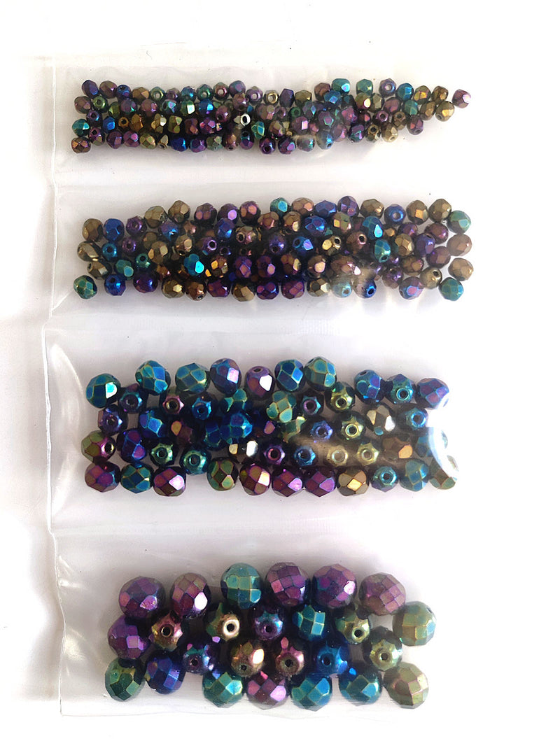 Set of Round Fire Polished Beads (3mm, 4mm, 6mm, 8mm), Jet Iris Rainbow, Czech Glass