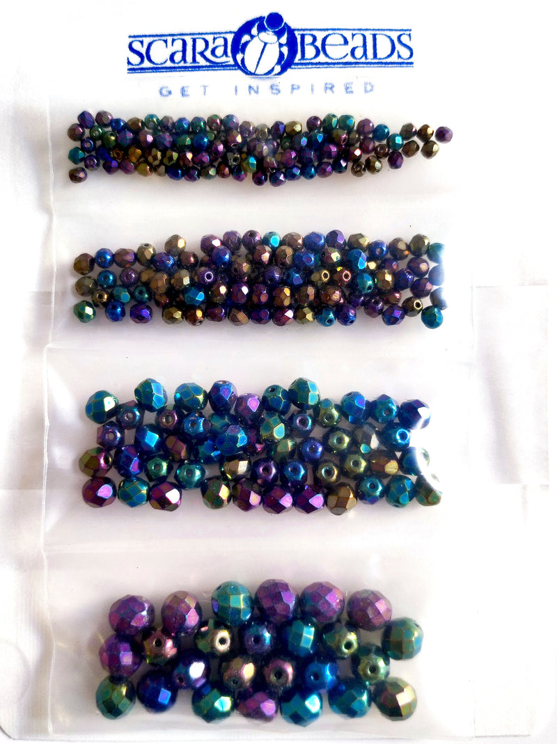 Set of Round Fire Polished Beads (3mm, 4mm, 6mm, 8mm), Jet Iris Rainbow, Czech Glass