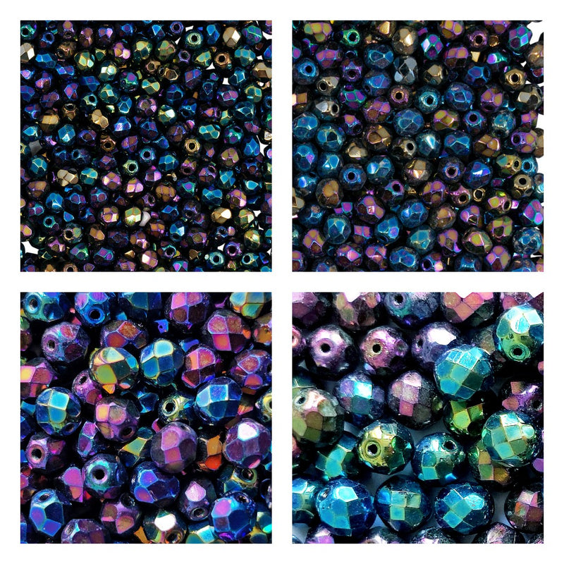 Set of Round Fire Polished Beads (3mm, 4mm, 6mm, 8mm), Jet Iris Rainbow, Czech Glass
