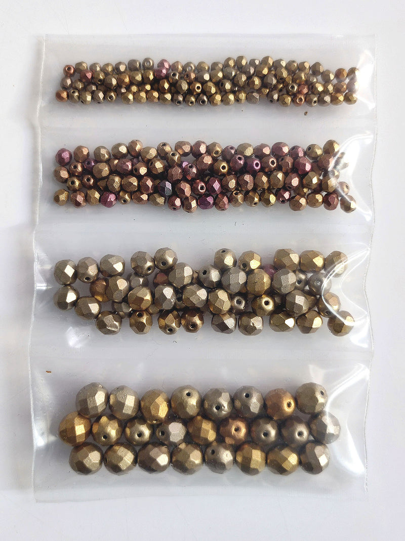 Set of Round Fire Polished Beads (3mm, 4mm, 6mm, 8mm), Silky Gold Iris Matte, Czech Glass