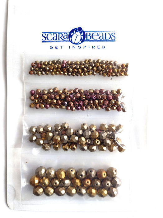 Set of Round Fire Polished Beads (3mm, 4mm, 6mm, 8mm), Silky Gold Iris Matte, Czech Glass