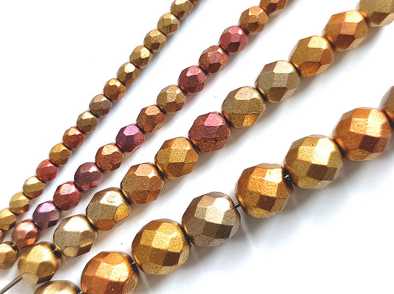 Set of Round Fire Polished Beads (3mm, 4mm, 6mm, 8mm), Silky Gold Iris Matte, Czech Glass