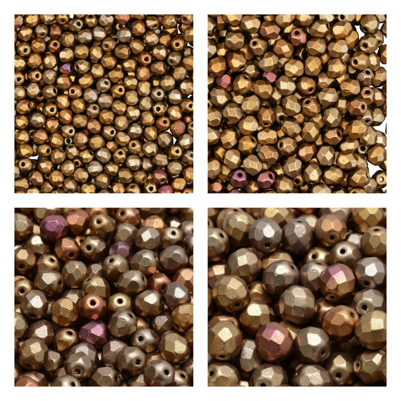 Set of Round Fire Polished Beads (3mm, 4mm, 6mm, 8mm), Silky Gold Iris Matte, Czech Glass
