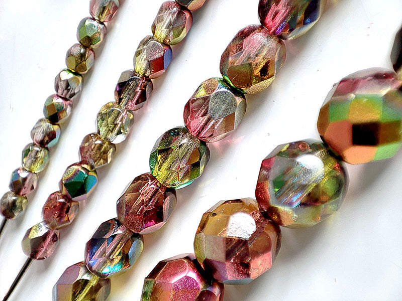 Set of Round Fire Polished Beads (3mm, 4mm, 6mm, 8mm), Magic Red Yellow, Czech Glass