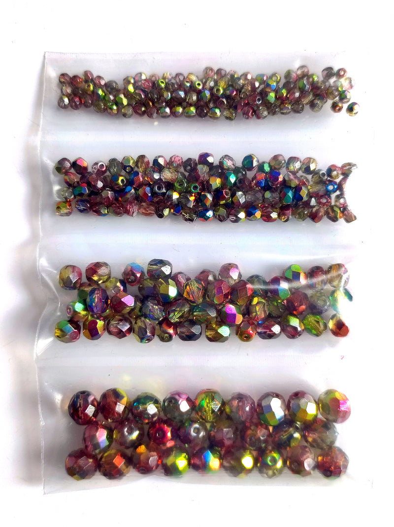 Set of Round Fire Polished Beads (3mm, 4mm, 6mm, 8mm), Magic Red Yellow, Czech Glass