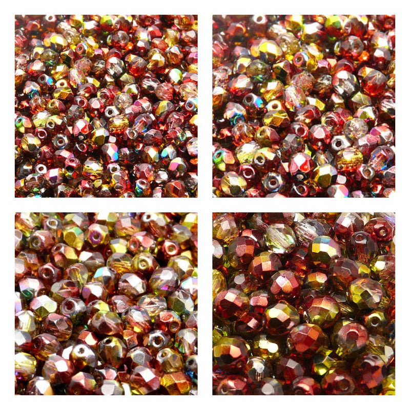 Set of Round Fire Polished Beads (3mm, 4mm, 6mm, 8mm), Magic Red Yellow, Czech Glass