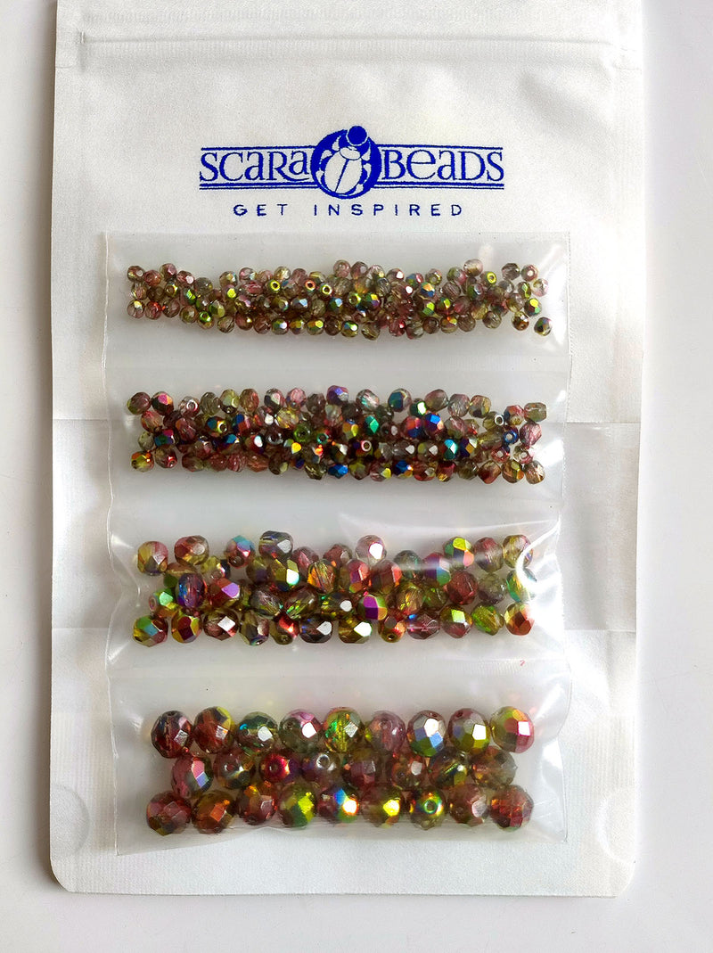 Set of Round Fire Polished Beads (3mm, 4mm, 6mm, 8mm), Magic Red Yellow, Czech Glass