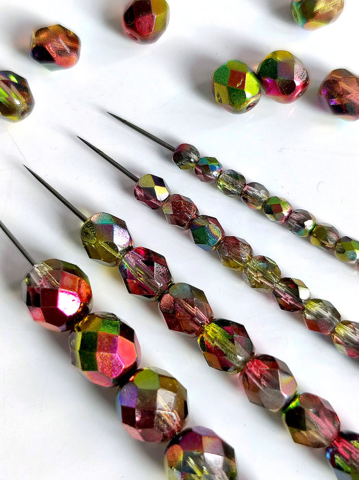 Set of Round Fire Polished Beads (3mm, 4mm, 6mm, 8mm), Magic Red Yellow, Czech Glass