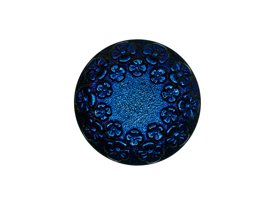 Czech Glass Buttons Hand Painted, Size 10 (22.5mm | 7/8''), Jet Black AB With Flower Ornament, Czech Glass