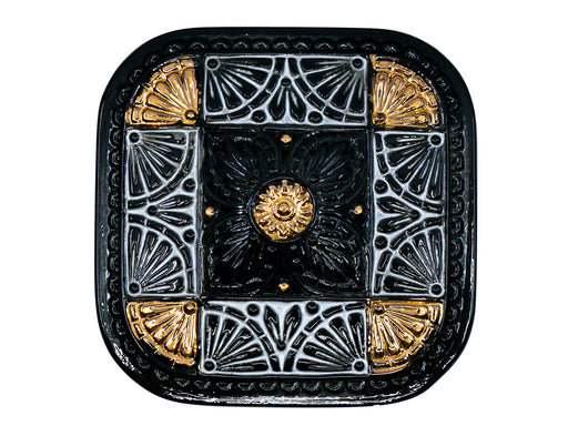 Czech Glass Button Square 33x33 mm Hand Painted, Czech Glass Buttons, Jet Black With Gold White Symmetrical Ornament, Czech Glass