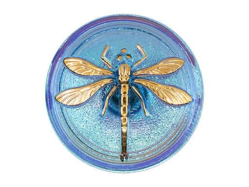 Czech Glass Buttons Hand Painted, Size 14 (31.5mm | 1 1/4''), Light Blue Green Chameleon With Gold Dragonfly, Czech Glass