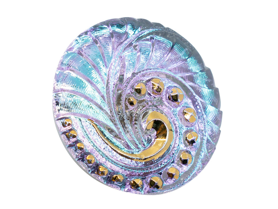1 pc Czech Glass Buttons Hand Painted, Size 12 (27.0mm | 1 1/16''), Light Blue Violet Chameleon with Transparent Gold Spiral Ornament, Czech Glass