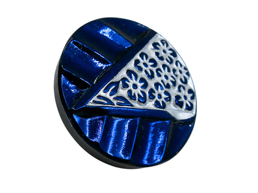 1 pc Czech Glass Buttons Hand Painted, Size 8 (18.0mm | 3/4''), Black AB Blue With Silver Flowers in Triangle, Czech Glass