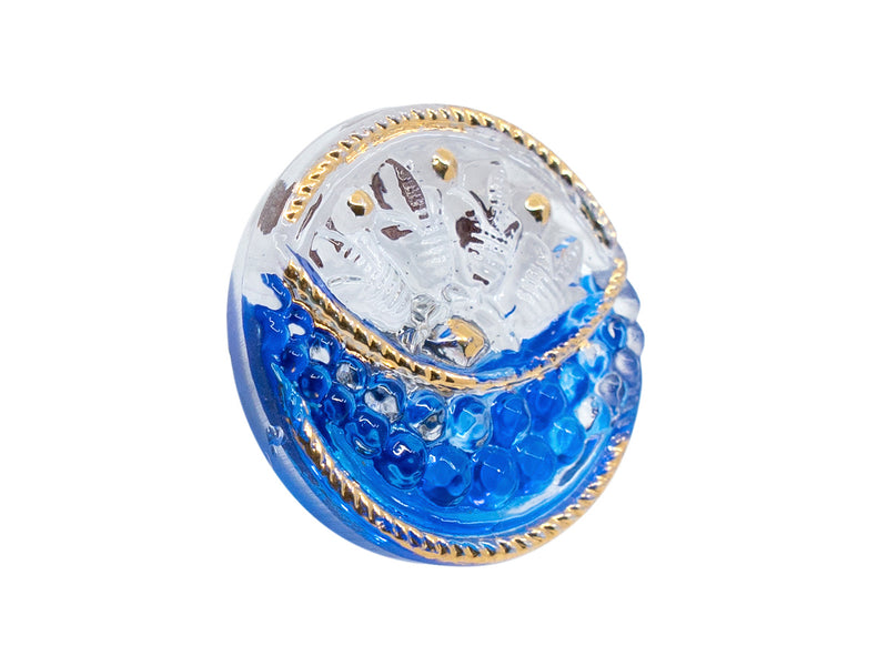 Czech Glass Buttons Hand Painted, Button Size 8, Transparent with White Bachground and Blue Crescent, Gold decorated, Czech Glass