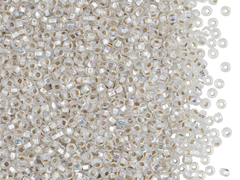 Rocailles Seed Beads 11/0, Crystal Silver Lined Rainbow Square Hole, Czech Glass