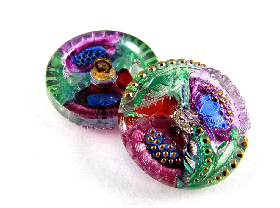 1 pc Czech Glass Button Hand Painted, Size 12 (27.0mm | 1 1/16''), Floral Design Pink Purple, Czech Glass