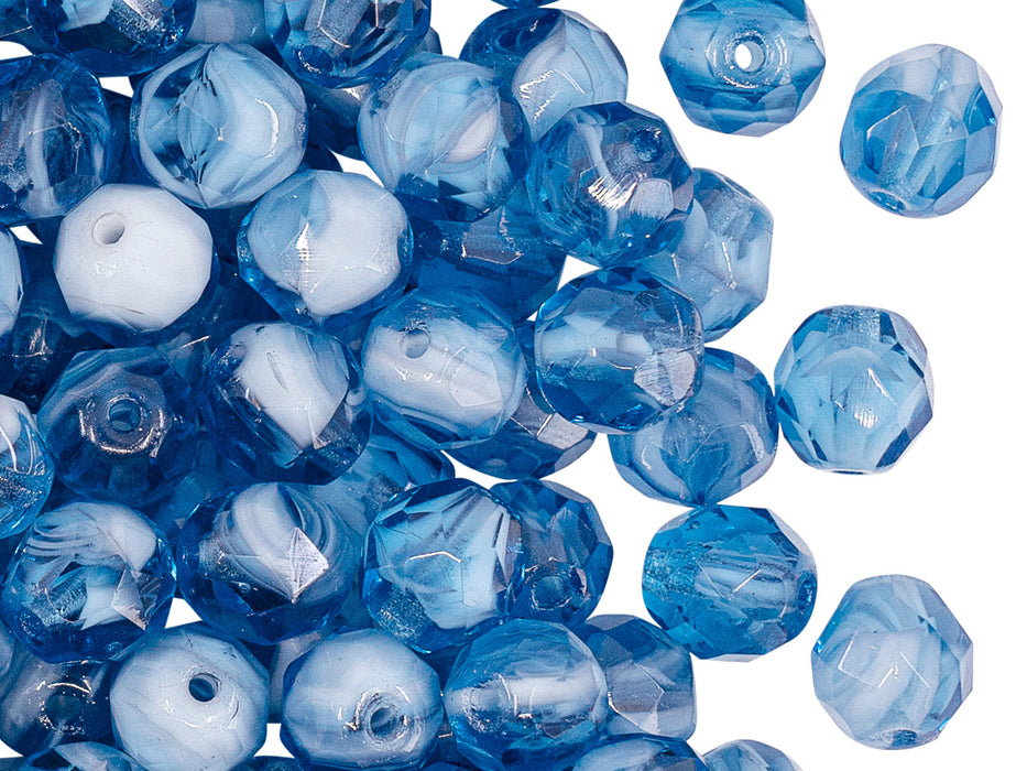 Fire Polished Faceted Beads Round 8 mm, Blue With White Moonlight, Czech Glass