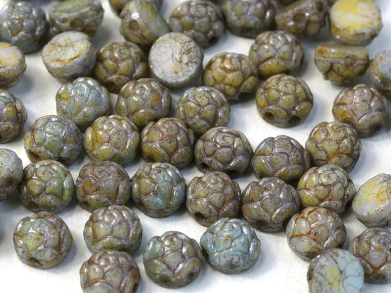 Rosetta Cabochons 6 mm, 2 Holes, Chalk White Blue Luster, Czech Glass