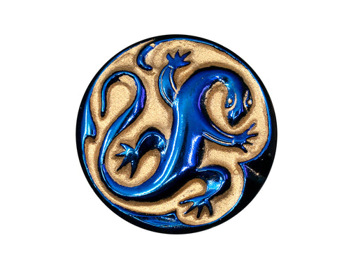 Czech Glass Buttons Hand Painted, Size 12 (27.0mm | 1 1/16''), Black AB Blue with Gold Stroked Lizard, Czech Glass