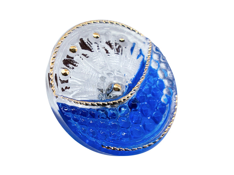 1 pc Czech Glass Buttons Hand Painted, Size 10 (22.5mm | 7/8''), Transparent with White Bachground and Blue Crescent, Gold decorated, Czech Glass