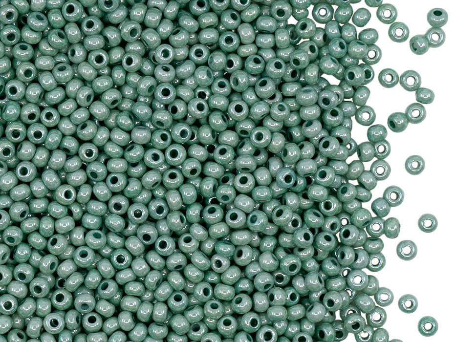 Rocailles Seed Beads 10/0, Opaque Green Luster, Czech Glass