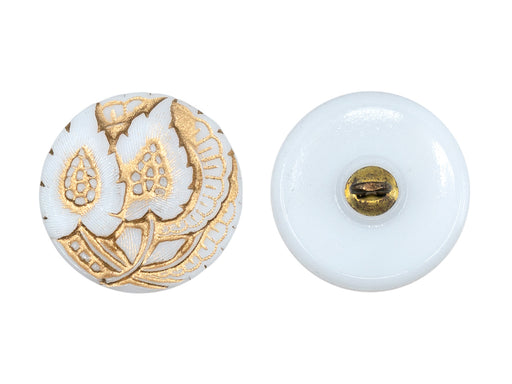 Czech Glass Buttons Hand Painted, Size 8 (18.0mm | 3/4''), White With Gold Floral Ornament, Czech Glass